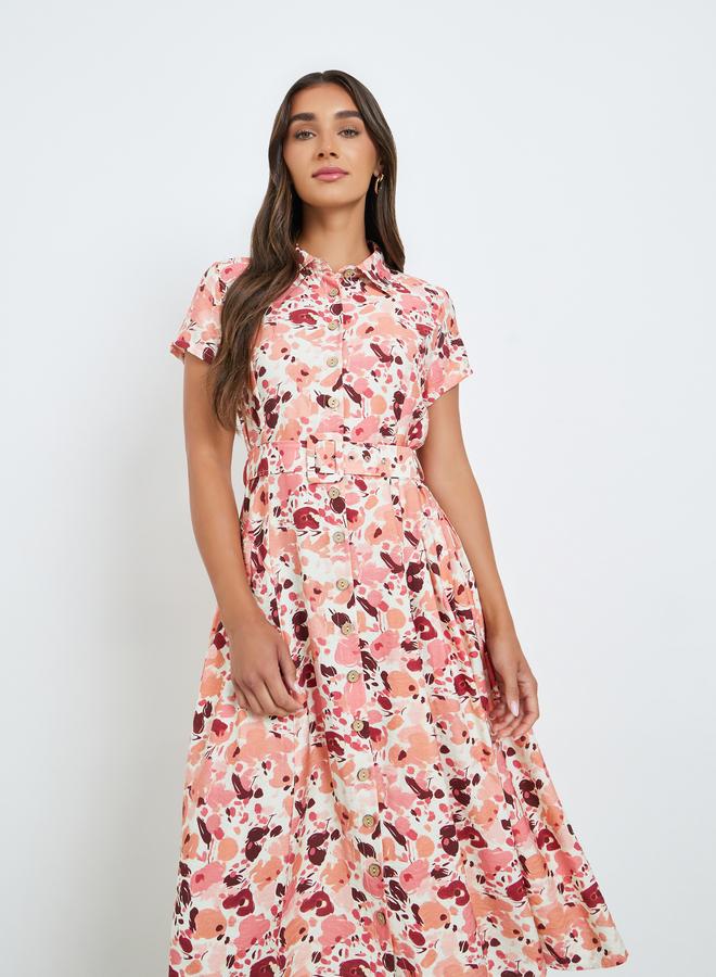 Women Pink Floral Print Shirt Midi Dress